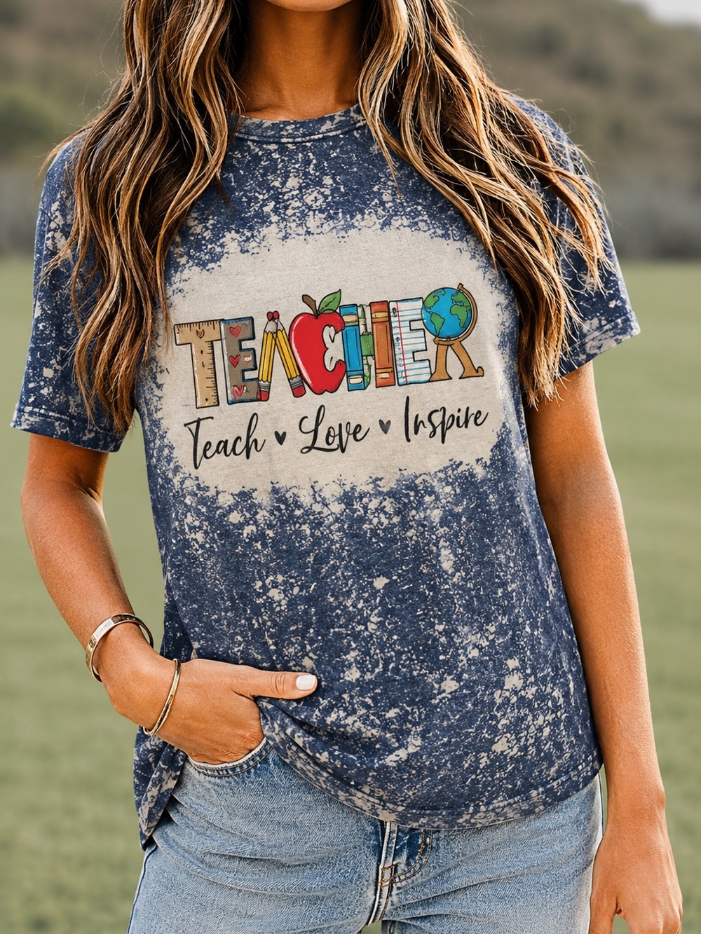 UNBRANDED | “Teacher” Graphic Tee - Navy Bleach Effect